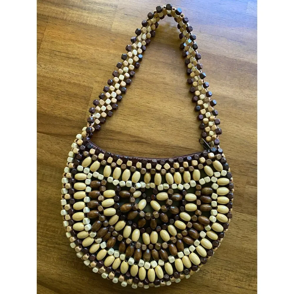 Vintage Wooden Beaded Crescent Shaped Bag Natural 90s Y2K EUC Small Purse Boho